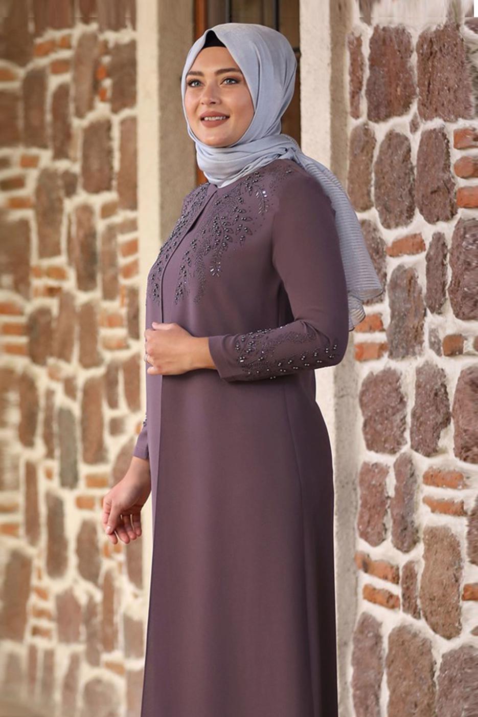 Tesettür giyim PEMBE BONCUK İŞLEMELİ ABİYE ELBİSE T 7221