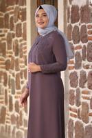 Tesettür giyim PEMBE BONCUK İŞLEMELİ ABİYE ELBİSE T 7221