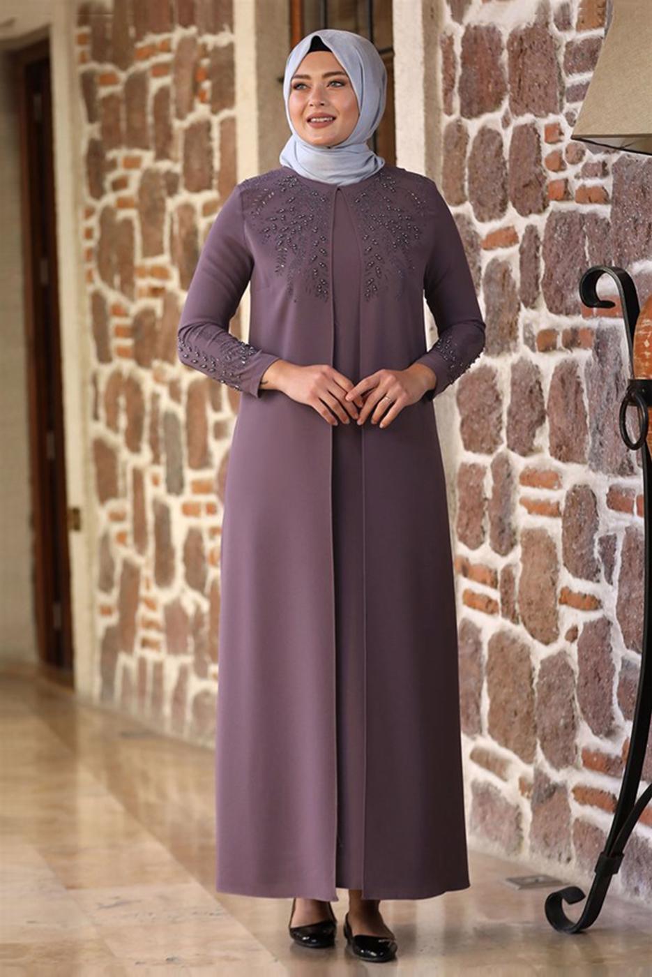 Tesettür giyim PEMBE BONCUK İŞLEMELİ ABİYE ELBİSE T 7221