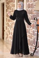Tesettür giyim SİYAH BONCUKLU NAKIŞ DETAYLI ABİYE ELBİSE T 9153