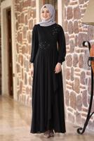 Tesettür giyim SİYAH BONCUKLU NAKIŞ DETAYLI ABİYE ELBİSE T 9153