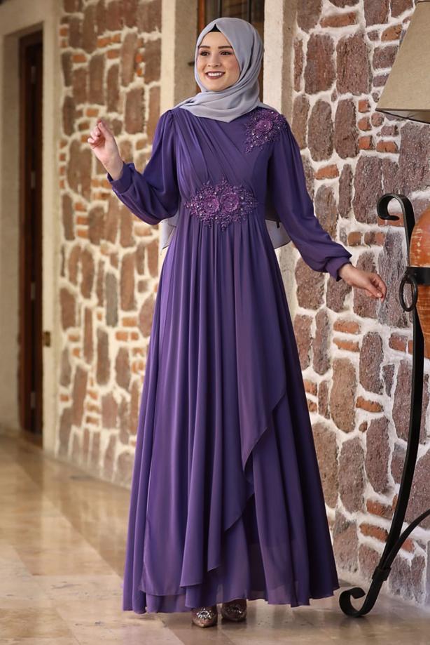 Hijab clothing  BEADED EMBROIDERY DETAIL EVENING DRESS T 9153 - TRENDTESETTÜR