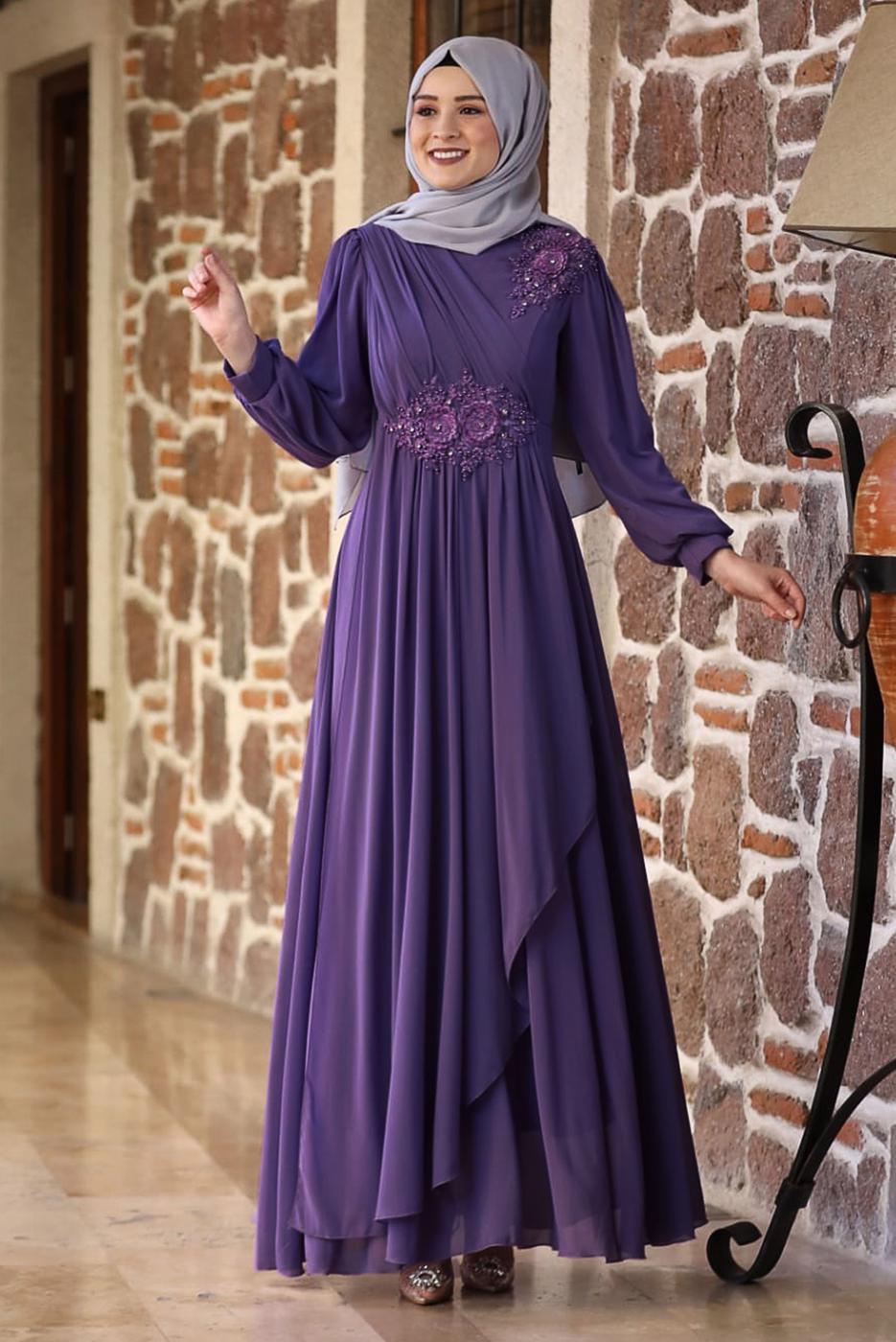 Hijab clothing PURPLE BEADED EMBROIDERY DETAIL EVENING DRESS T 9153