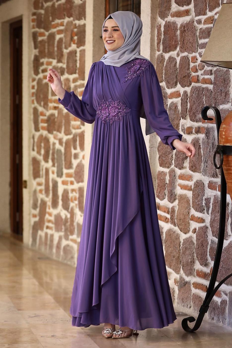Hijab clothing PURPLE BEADED EMBROIDERY DETAIL EVENING DRESS T 9153