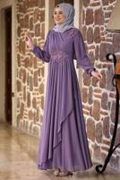 Tesettür giyim MOR BONCUKLU NAKIŞ DETAYLI ABİYE ELBİSE T 9153