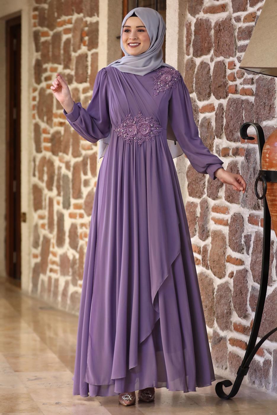 Tesettür giyim MOR BONCUKLU NAKIŞ DETAYLI ABİYE ELBİSE T 9153