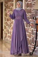 Tesettür giyim MOR BONCUKLU NAKIŞ DETAYLI ABİYE ELBİSE T 9153