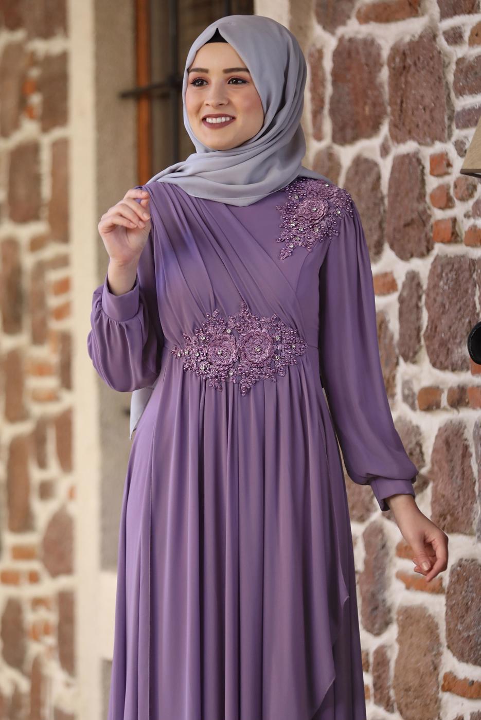 Tesettür giyim MOR BONCUKLU NAKIŞ DETAYLI ABİYE ELBİSE T 9153