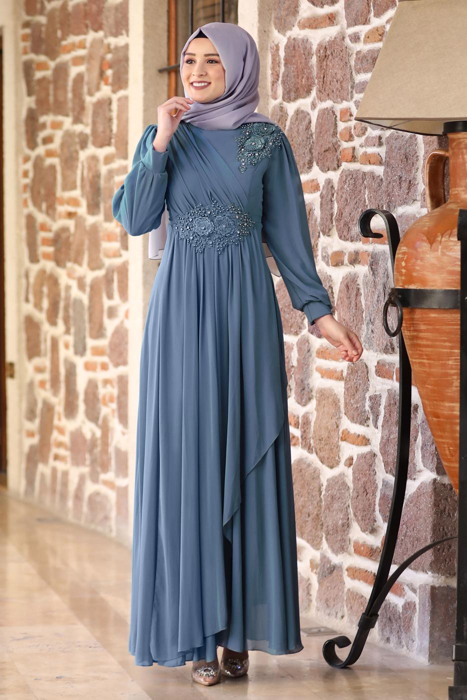 Tesettür giyim LACİVERT BONCUKLU NAKIŞ DETAYLI ABİYE ELBİSE T 9153