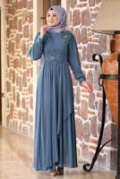 Tesettür giyim LACİVERT BONCUKLU NAKIŞ DETAYLI ABİYE ELBİSE T 9153