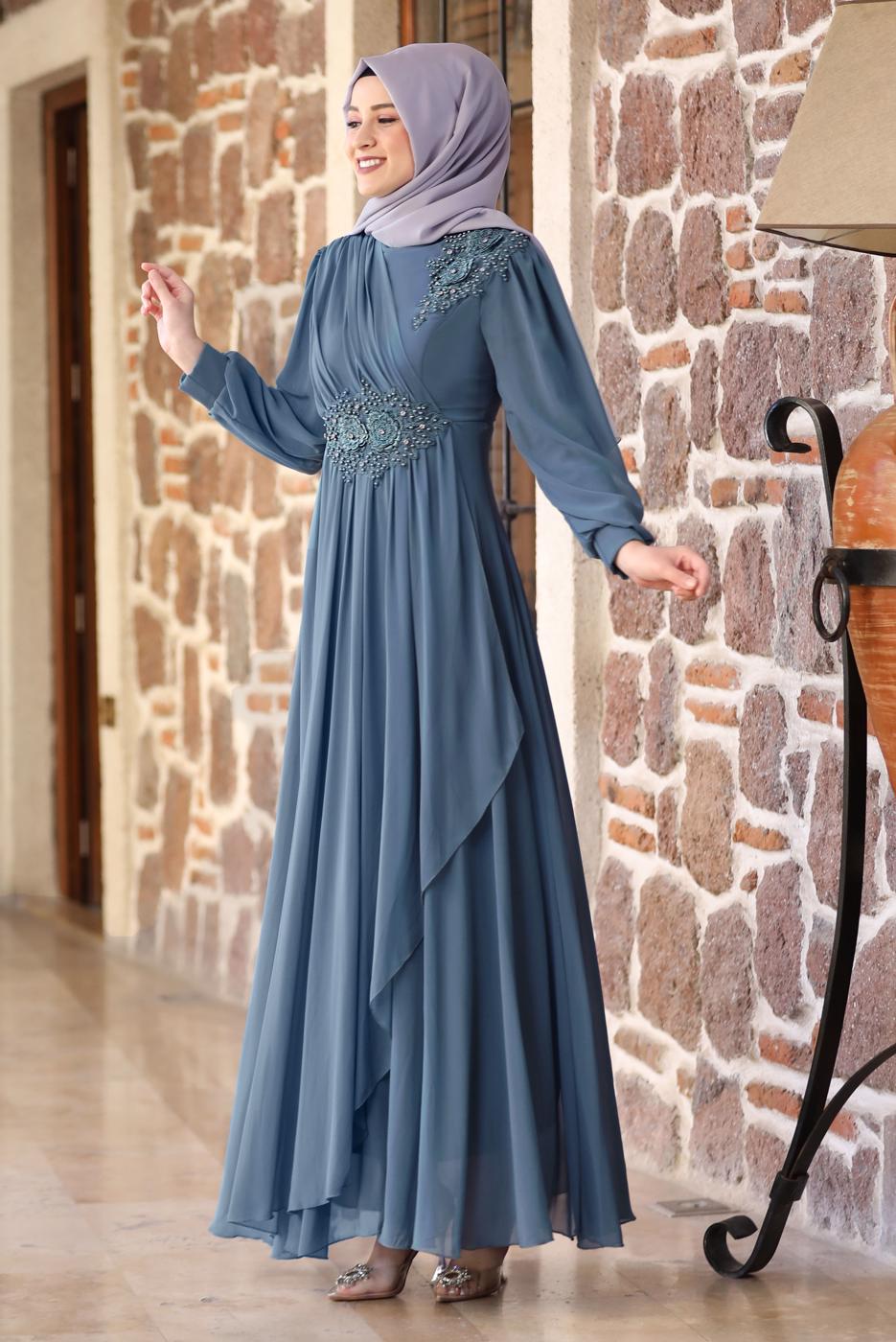 Tesettür giyim LACİVERT BONCUKLU NAKIŞ DETAYLI ABİYE ELBİSE T 9153
