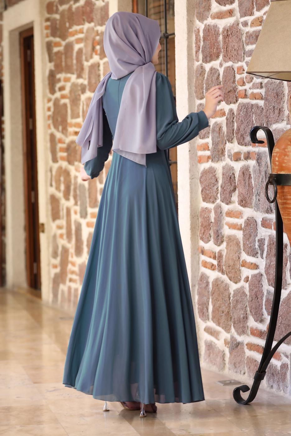 Tesettür giyim LACİVERT BONCUKLU NAKIŞ DETAYLI ABİYE ELBİSE T 9153