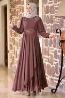 Tesettür giyim KAHVE BONCUKLU NAKIŞ DETAYLI ABİYE ELBİSE T 9153