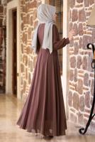 Tesettür giyim KAHVE BONCUKLU NAKIŞ DETAYLI ABİYE ELBİSE T 9153