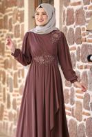 Tesettür giyim KAHVE BONCUKLU NAKIŞ DETAYLI ABİYE ELBİSE T 9153