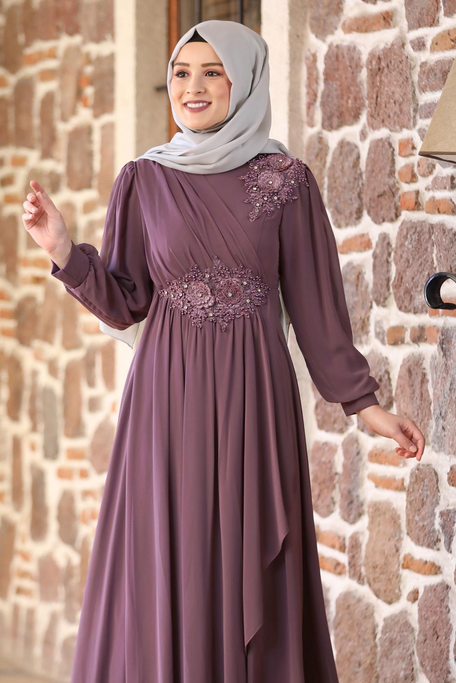 Tesettür giyim MOR BONCUKLU NAKIŞ DETAYLI ABİYE ELBİSE T 9153