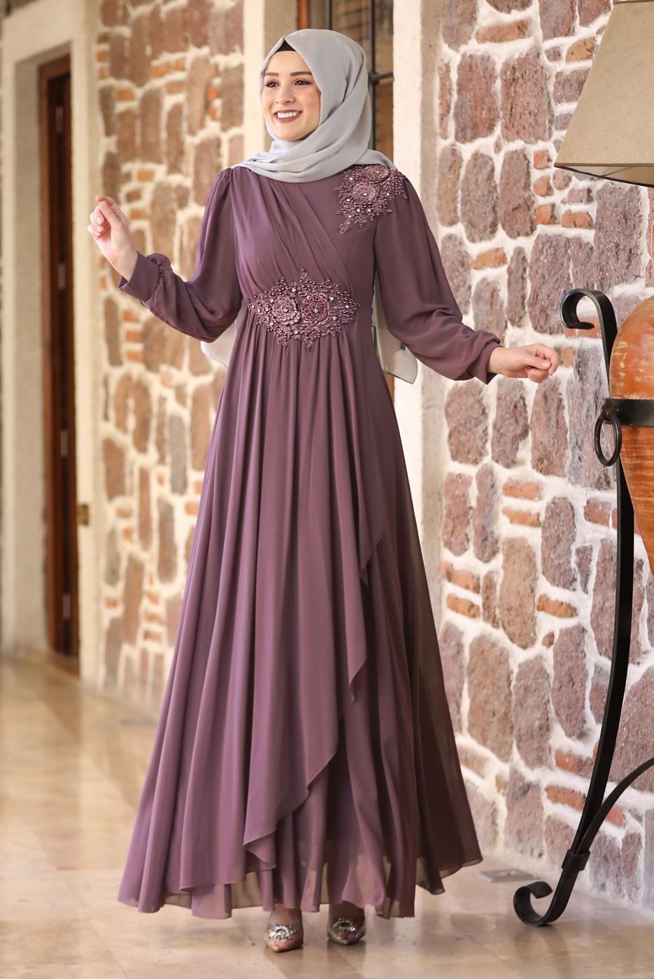 Tesettür giyim MOR BONCUKLU NAKIŞ DETAYLI ABİYE ELBİSE T 9153