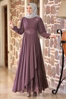 Tesettür giyim MOR BONCUKLU NAKIŞ DETAYLI ABİYE ELBİSE T 9153