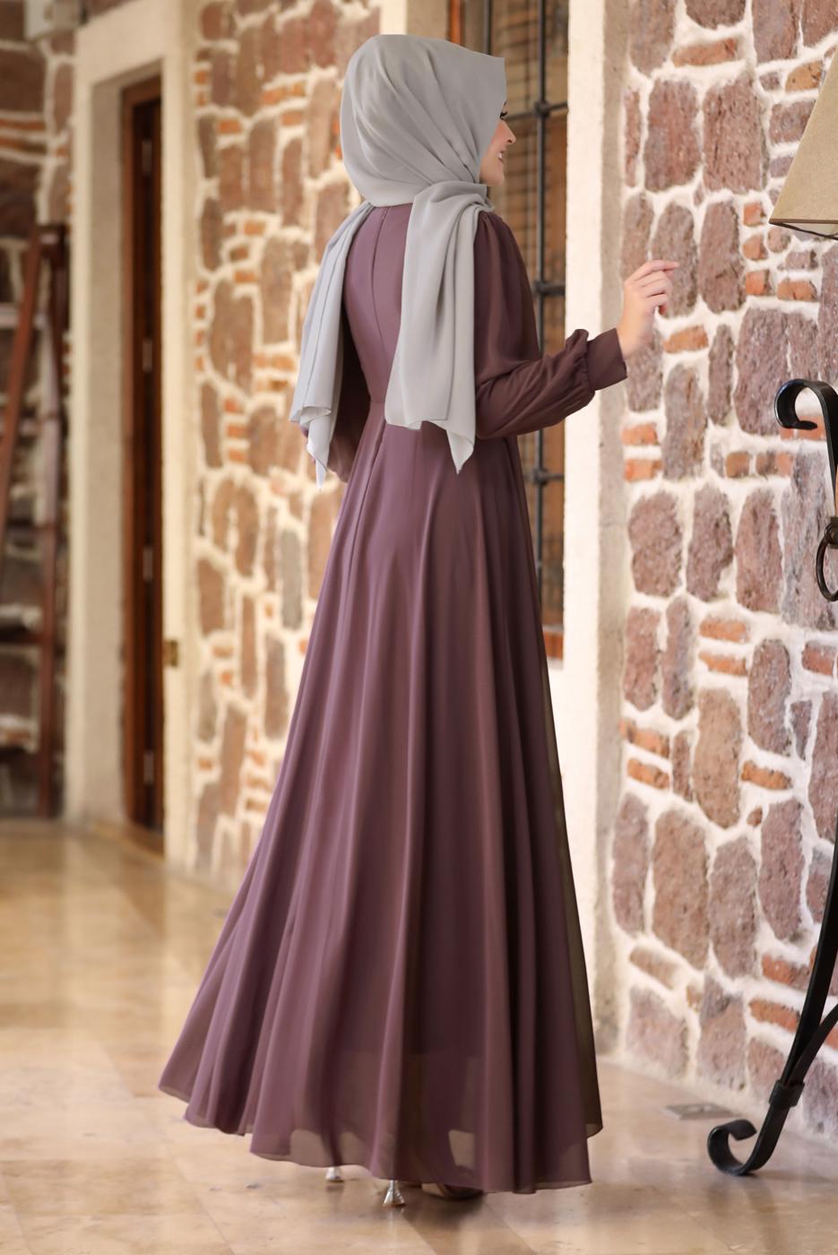 Tesettür giyim MOR BONCUKLU NAKIŞ DETAYLI ABİYE ELBİSE T 9153