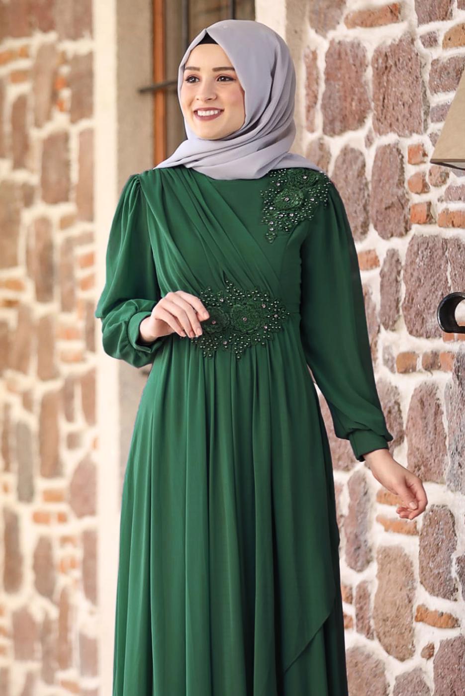 Vêtements hijab VERT ROBE DE SOIRÉE DÉTAIL BRODERIE PERLES 9153