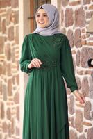 Vêtements hijab VERT ROBE DE SOIRÉE DÉTAIL BRODERIE PERLES 9153