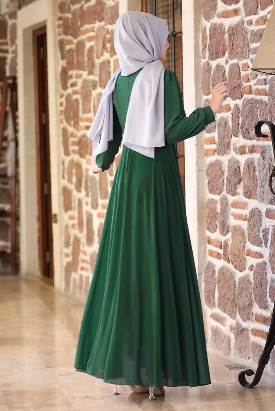 Vêtements hijab VERT ROBE DE SOIRÉE DÉTAIL BRODERIE PERLES 9153