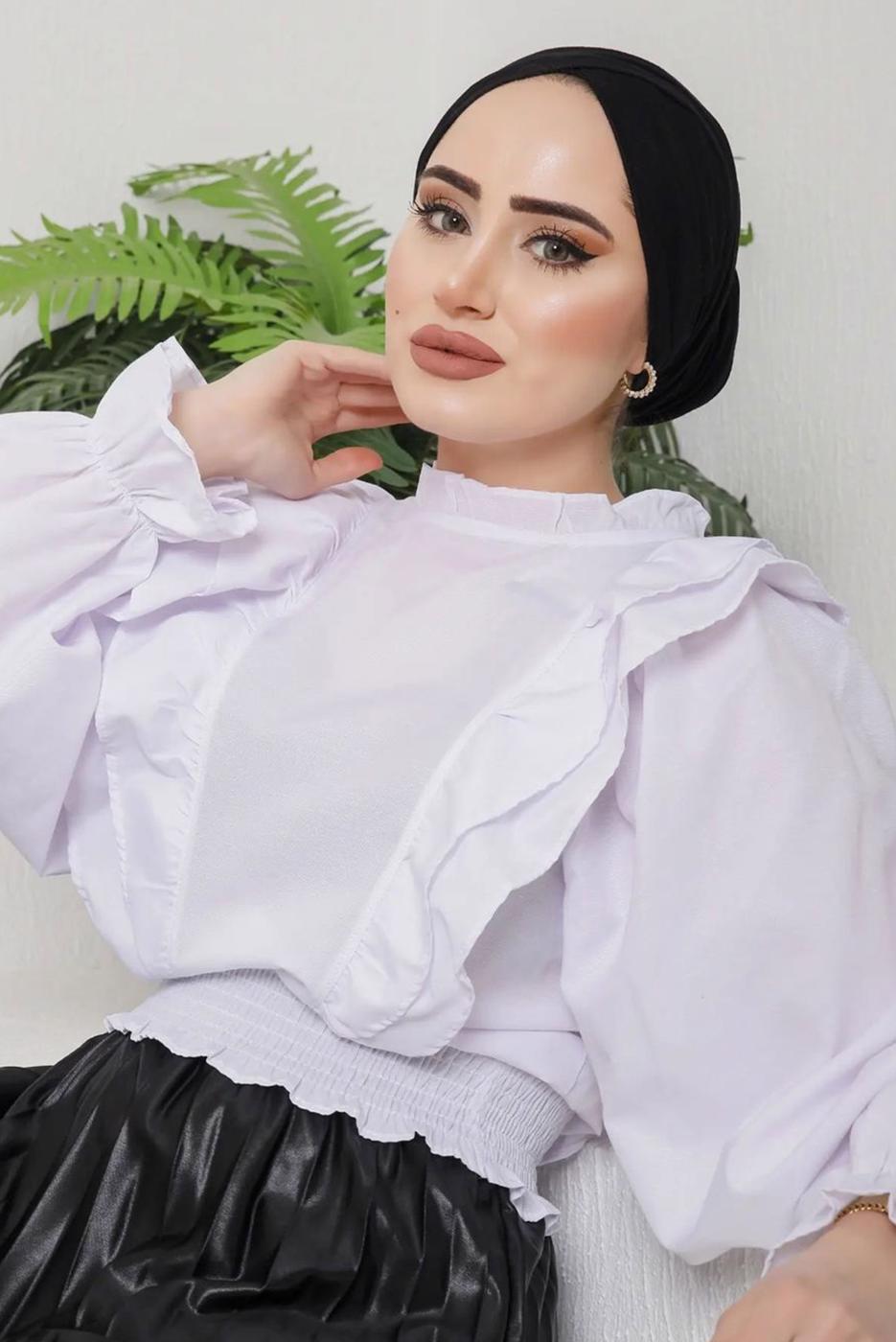 Tesettür giyim BEYAZ FIRFIRLI BLUZ 921 