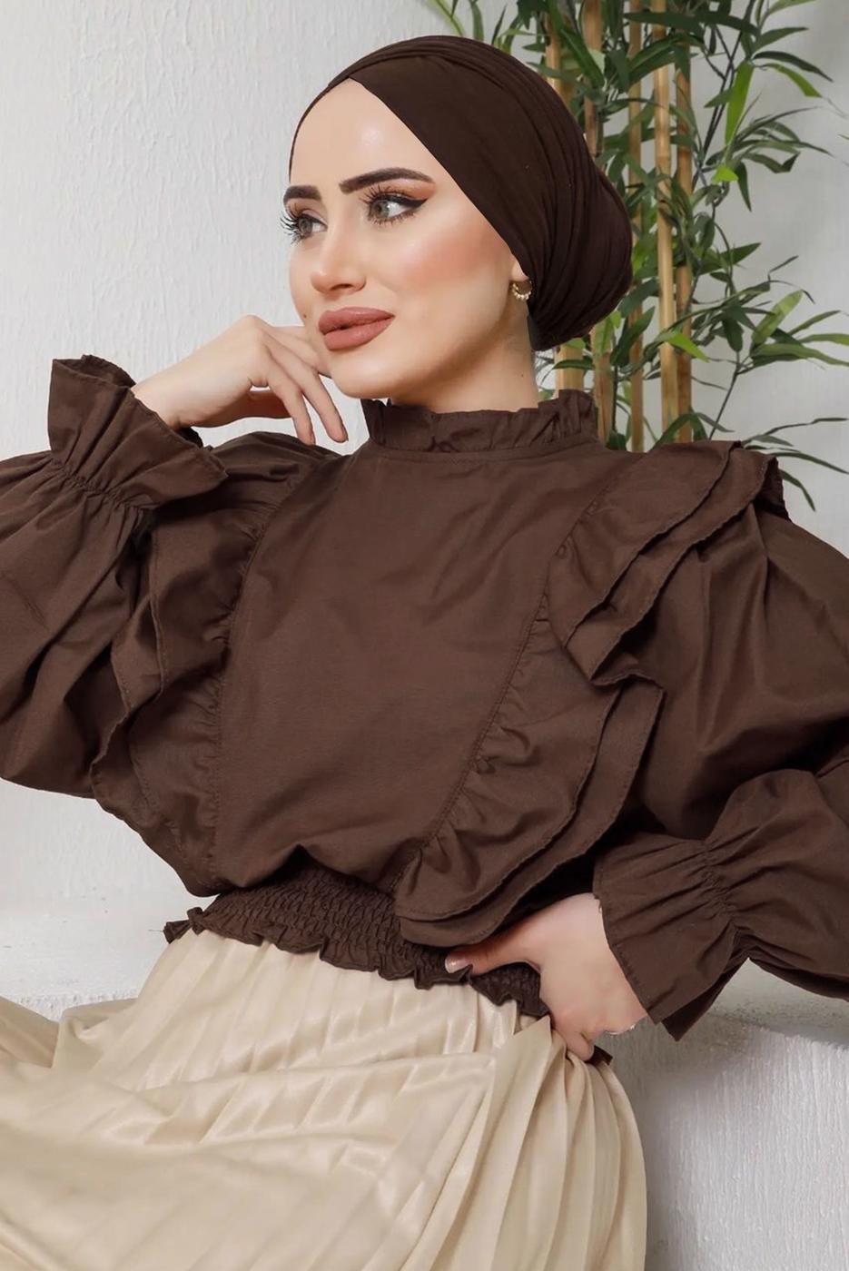 Tesettür giyim KAHVE FIRFIRLI BLUZ 921 