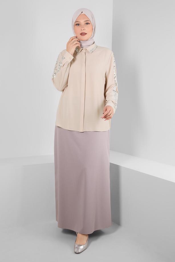 Vêtements hijab BEIGE ALVINA BLOUSE GRANDE TAILLE T 20240 - TRENDTESETTÜR
