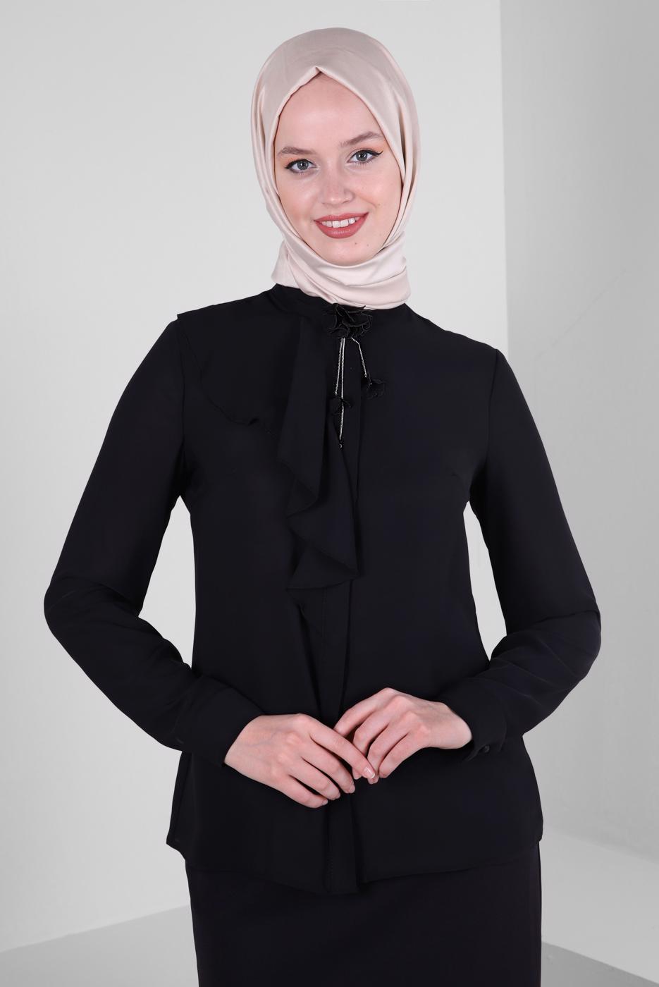 Tesettür giyim SİYAH ALVİNA BROŞ DETAYLI BLUZ T 42794
