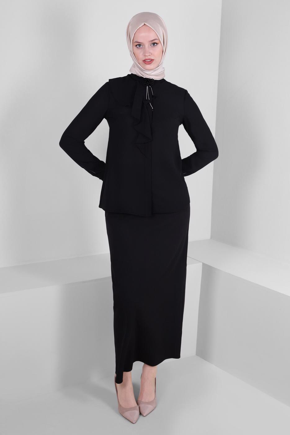 Tesettür giyim SİYAH ALVİNA BROŞ DETAYLI BLUZ T 42794