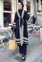 Tesettür giyim SİYAH NAKIŞLI PÜSKÜLLÜ KİMONO 0781 