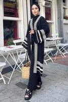 Tesettür giyim SİYAH NAKIŞLI PÜSKÜLLÜ KİMONO 0781 