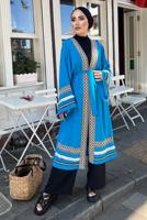 Tesettür giyim MAVİ NAKIŞLI PÜSKÜLLÜ KİMONO 0781 