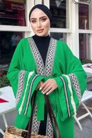 Tesettür giyim YEŞİL NAKIŞLI PÜSKÜLLÜ KİMONO 0781 