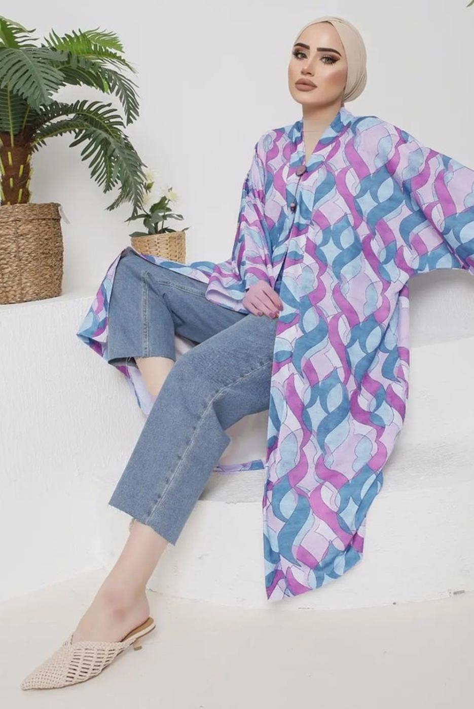 Tesettür giyim FUŞYA BELİ KUŞAKLI DESENLİ KİMONO 1110 