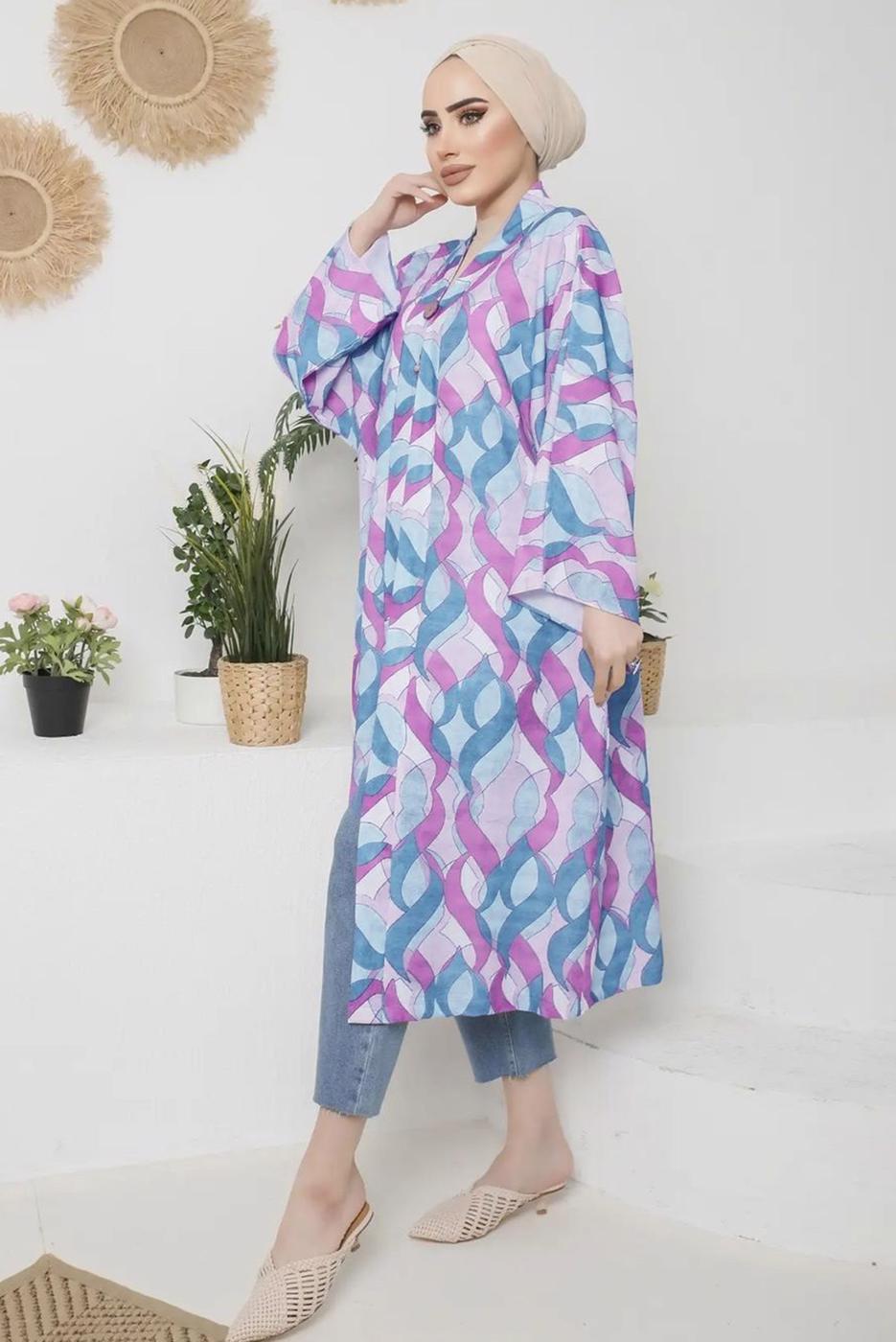 Tesettür giyim FUŞYA BELİ KUŞAKLI DESENLİ KİMONO 1110 