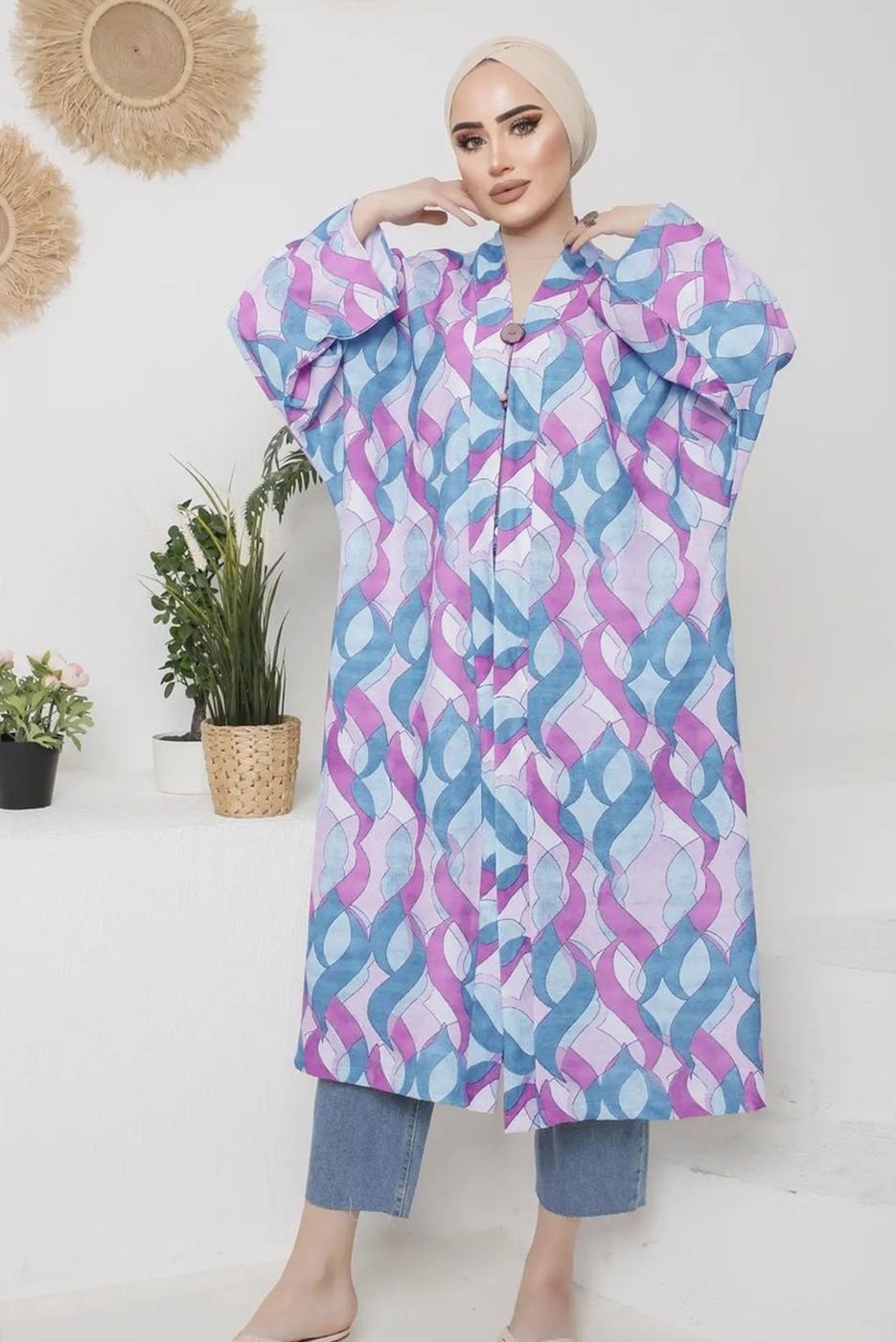 Tesettür giyim FUŞYA BELİ KUŞAKLI DESENLİ KİMONO 1110 
