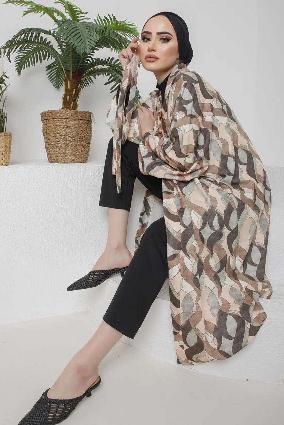 Tesettür giyim VİZON BELİ KUŞAKLI DESENLİ KİMONO 1110 