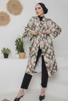 Tesettür giyim VİZON BELİ KUŞAKLI DESENLİ KİMONO 1110 