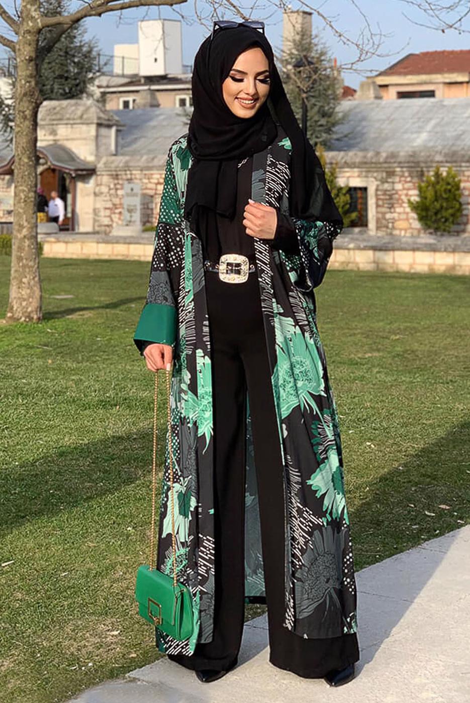 Tesettür giyim YEŞİL ÇİÇEK DESENLİ KİMONO 6547 
