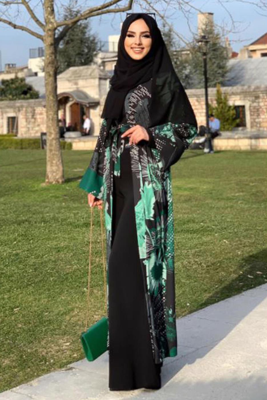 Tesettür giyim YEŞİL ÇİÇEK DESENLİ KİMONO 6547 