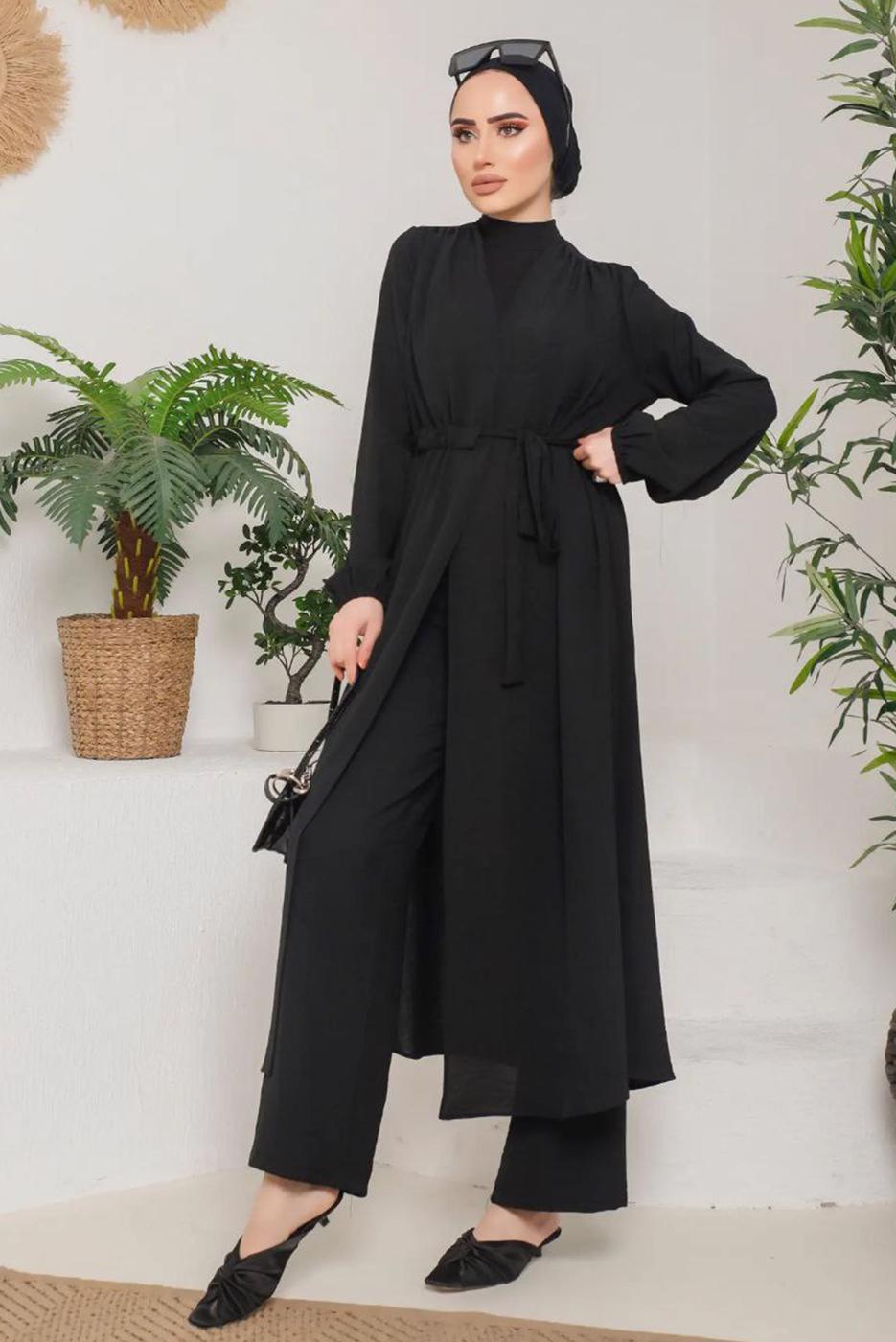 Tesettür giyim SİYAH BELİ BAĞLAMALI MANŞETLERİ LASTİKLİ KAP 9800 