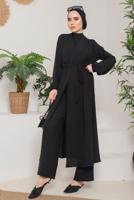 Tesettür giyim SİYAH BELİ BAĞLAMALI MANŞETLERİ LASTİKLİ KAP 9800 