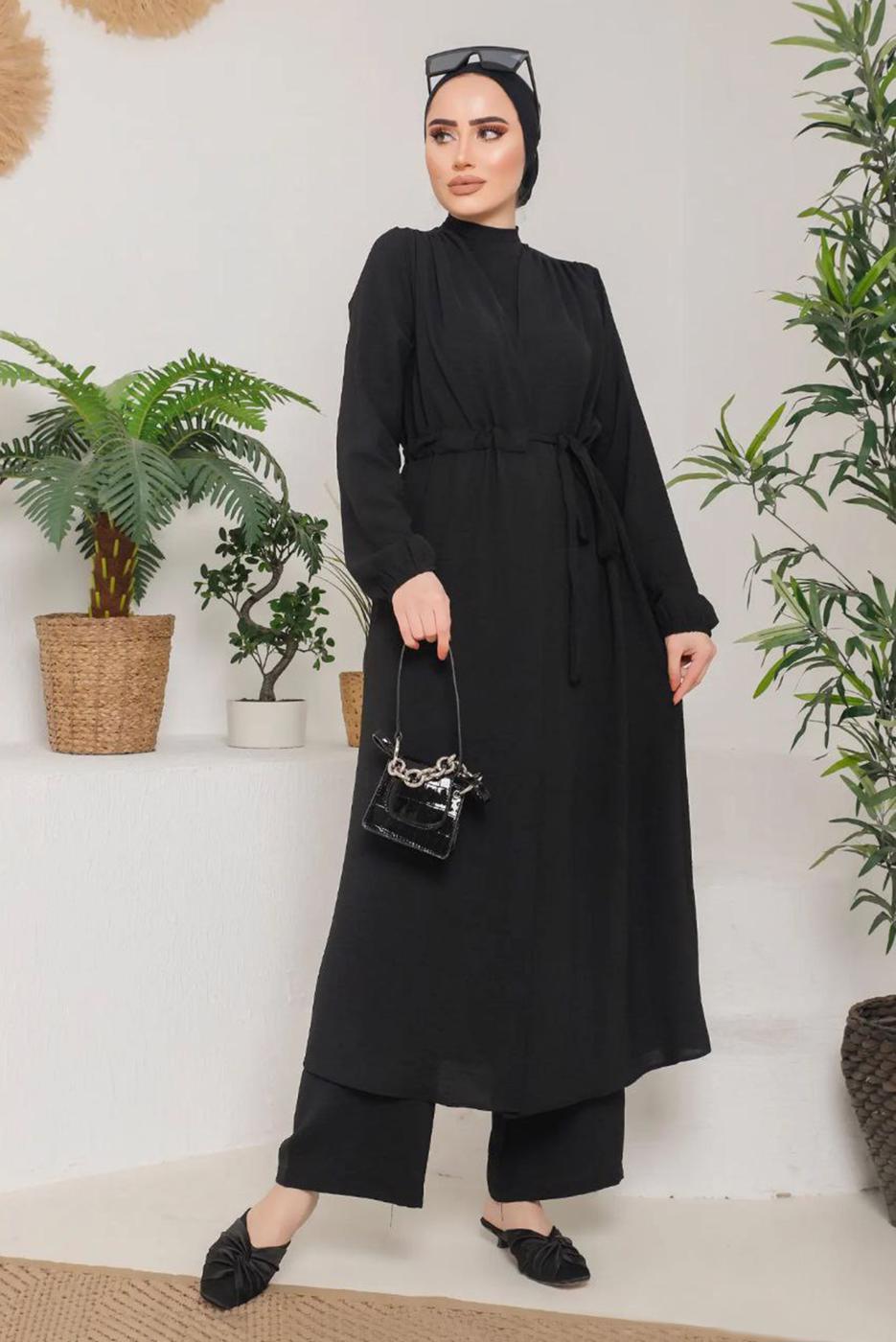 Tesettür giyim SİYAH BELİ BAĞLAMALI MANŞETLERİ LASTİKLİ KAP 9800 