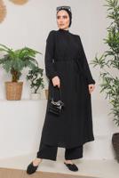 Tesettür giyim SİYAH BELİ BAĞLAMALI MANŞETLERİ LASTİKLİ KAP 9800 