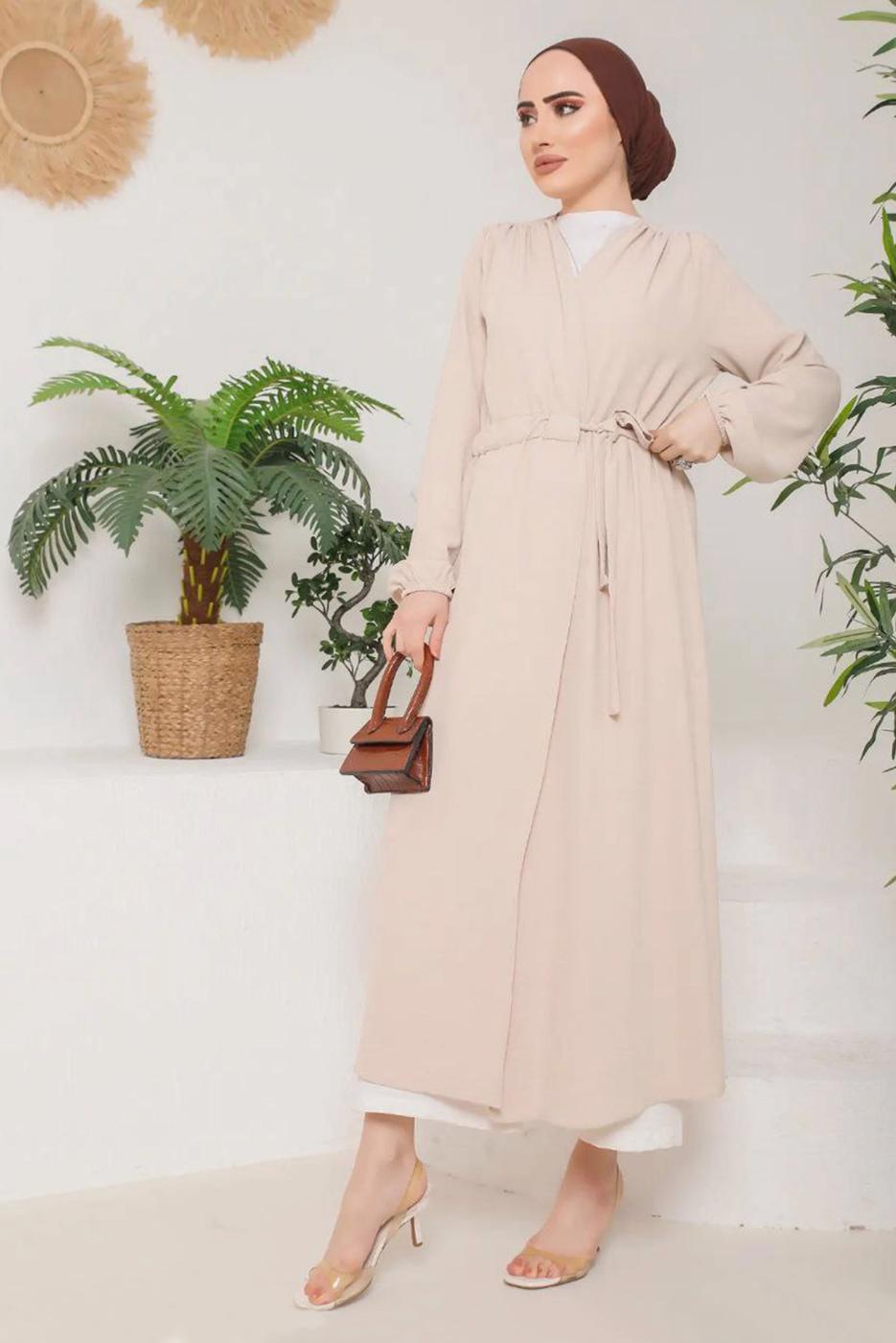 Tesettür giyim BEJ BELİ BAĞLAMALI MANŞETLERİ LASTİKLİ KAP 9800 