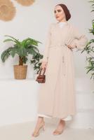 Tesettür giyim BEJ BELİ BAĞLAMALI MANŞETLERİ LASTİKLİ KAP 9800 