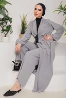 Tesettür giyim GRİ BELİ BAĞLAMALI MANŞETLERİ LASTİKLİ KAP 9800 