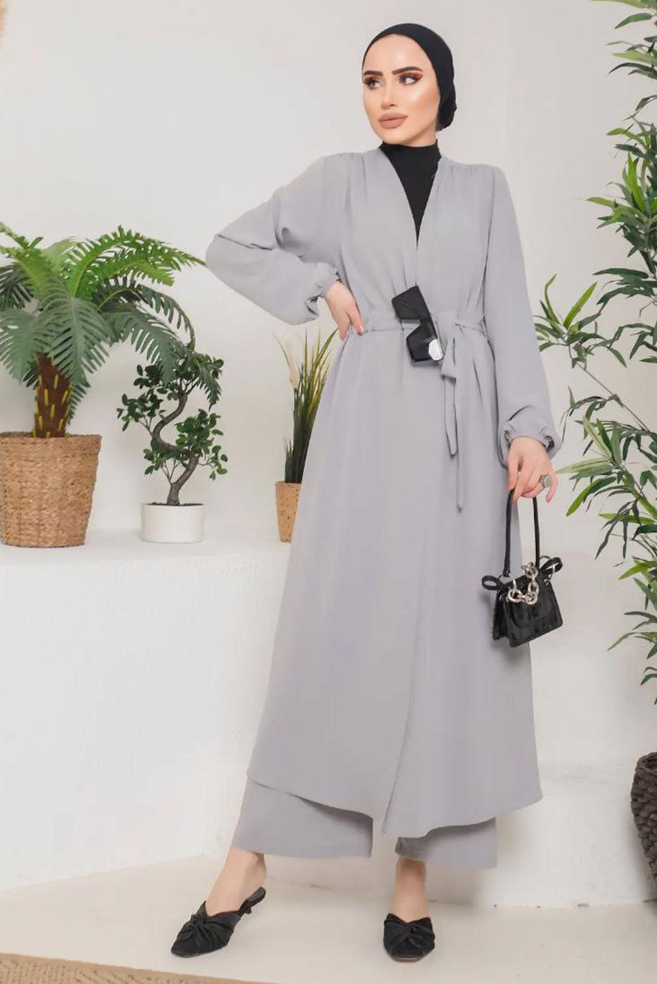 Tesettür giyim GRİ BELİ BAĞLAMALI MANŞETLERİ LASTİKLİ KAP 9800 